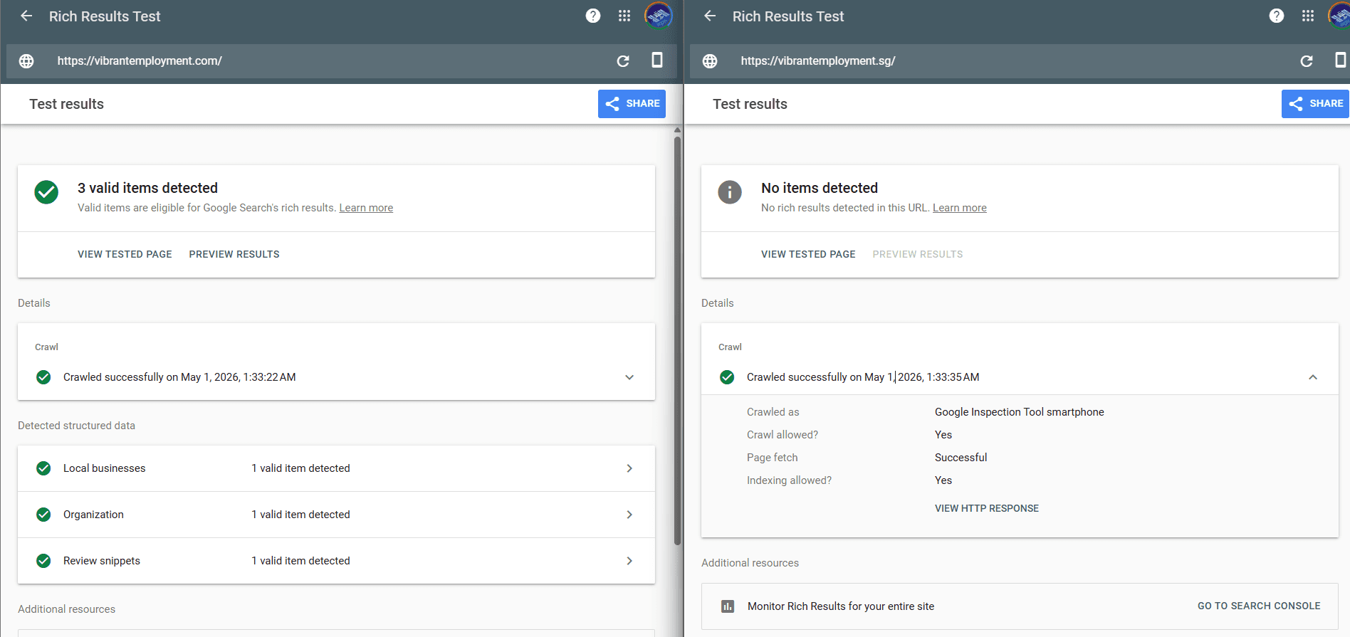 Google Rich Results Test run on both sites side by side. The custom-built site returns three valid structured-data items — Local Businesses, Organization and Review Snippets. The higher-cost agency-built site returns 'No items detected'.