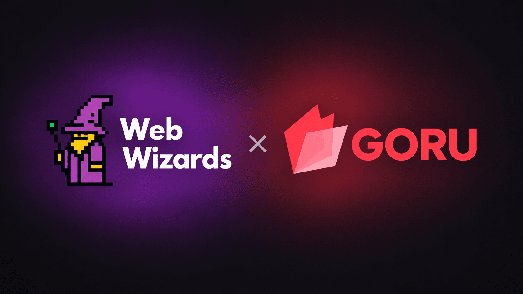 Web Wizards × GORU, with a purple glow behind Web Wizards and a coral-red glow behind GORU